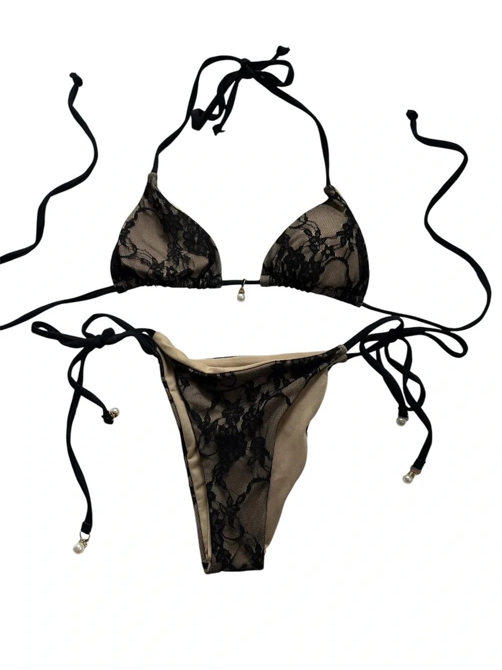 Black Lace Overlay String Bikini Set - Picture 1 of 4